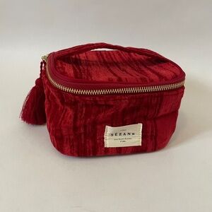 Sezane Mini Toiletry Case in Red Crushed Velvet, Square Vanity Pouch Makeup Bag